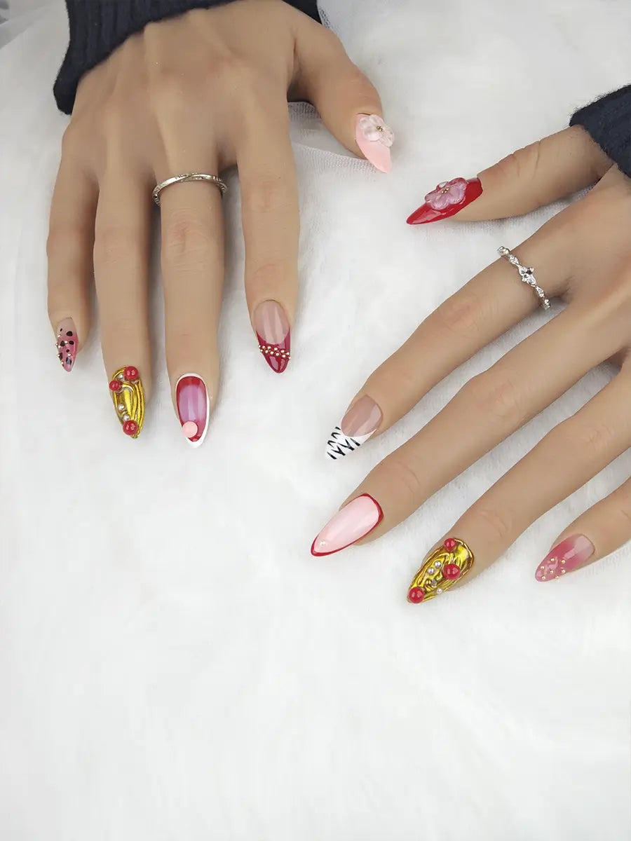 Red & Pink Floral Metallic Accent Pointed Press-On Nails – Luxe & Festive