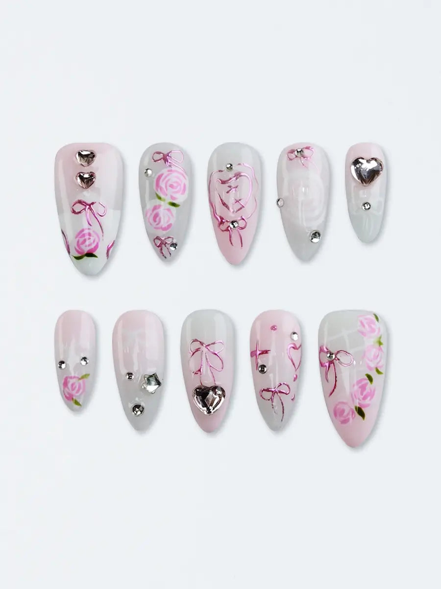 Pink & White Gradient Press-On Nails – 3D Floral & Rhinestone Almond Nails