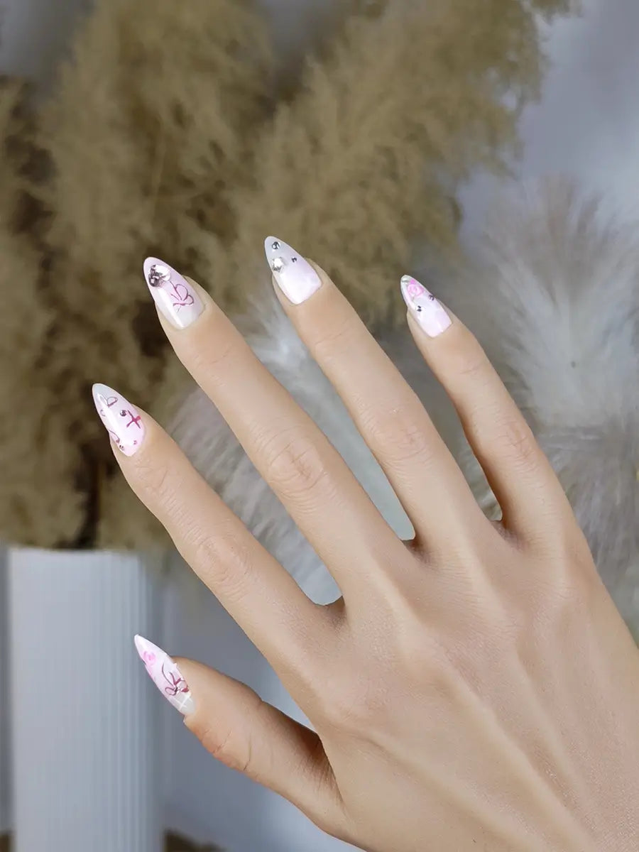 Pink & White Gradient Press-On Nails – 3D Floral & Rhinestone Almond Nails