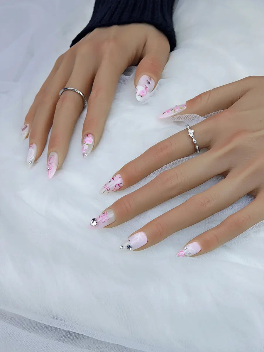 Pink & White Gradient Press-On Nails – 3D Floral & Rhinestone Almond Nails