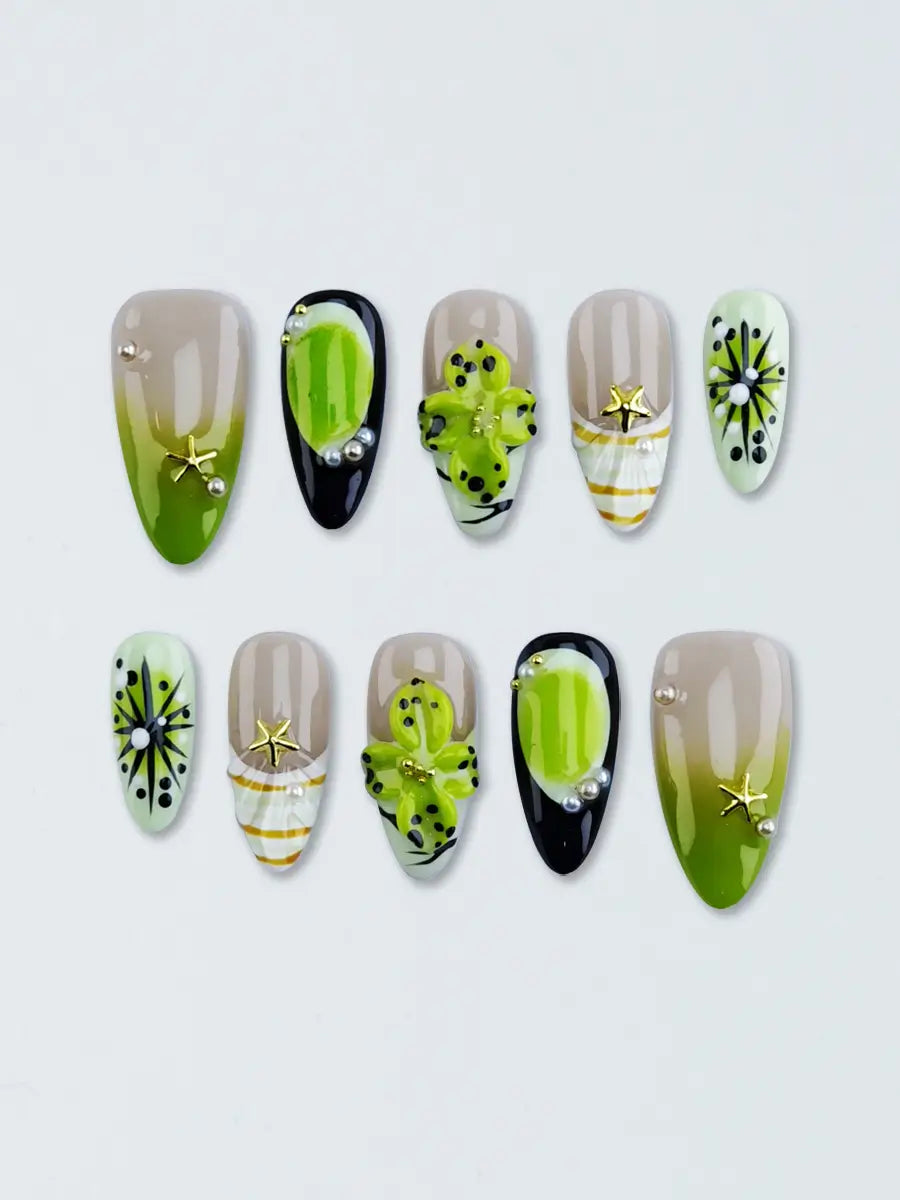 Green & Brown Floral Starry Almond Press-On Nails – Luxurious Artistic
