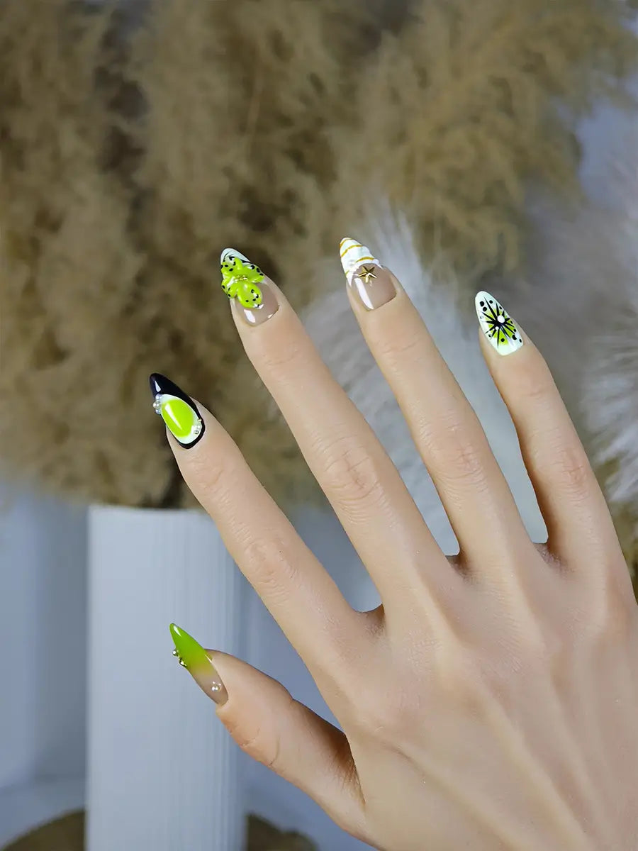 Green & Brown Floral Starry Almond Press-On Nails – Luxurious Artistic