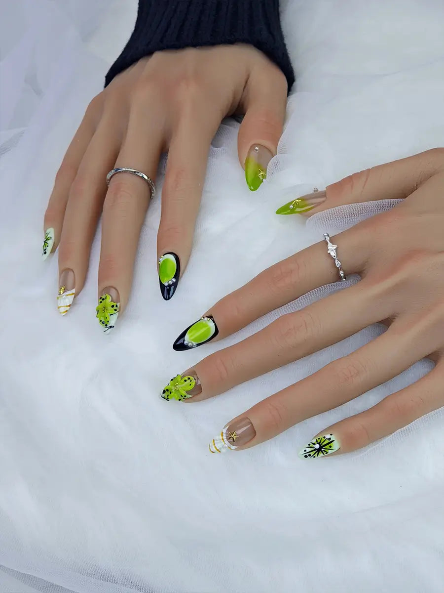 Green & Brown Floral Starry Almond Press-On Nails – Luxurious Artistic