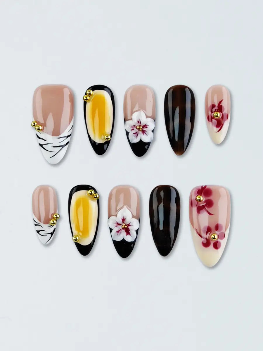 Brown Gradient 3D Floral Vintage Press-On Nails – Almond Shape with Gold Accents