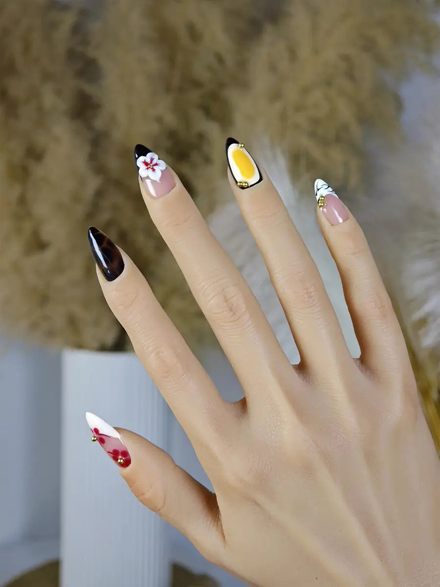 Brown Gradient 3D Floral Vintage Press-On Nails – Almond Shape with Gold Accents