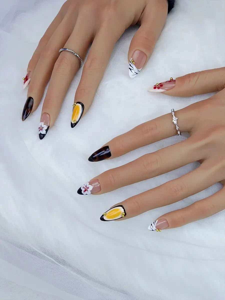 Brown Gradient 3D Floral Vintage Press-On Nails – Almond Shape with Gold Accents