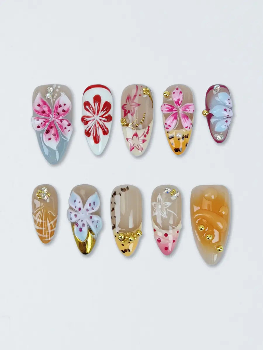 Multicolor 3D Floral Press-On Nails – Hand-Painted Rhinestone Almond Tips