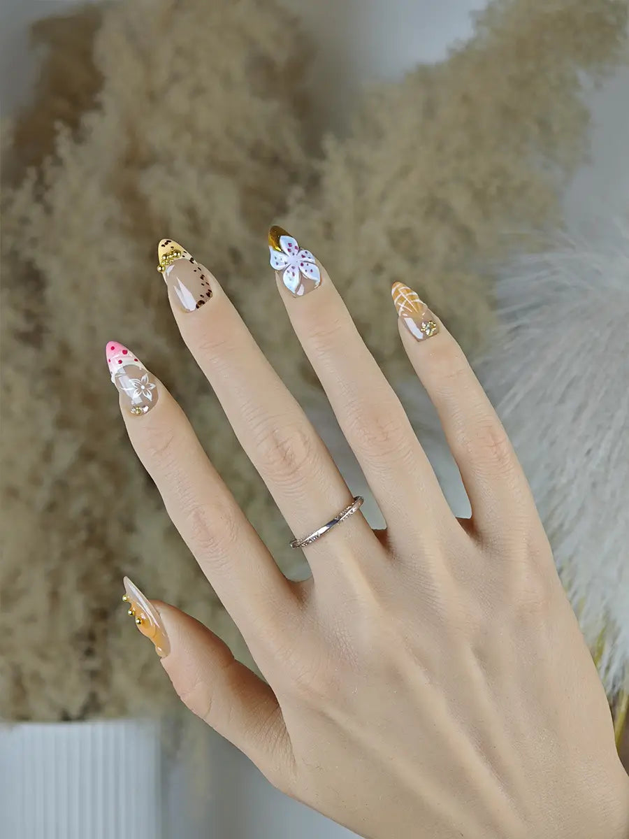 Multicolor 3D Floral Press-On Nails – Hand-Painted Rhinestone Almond Tips
