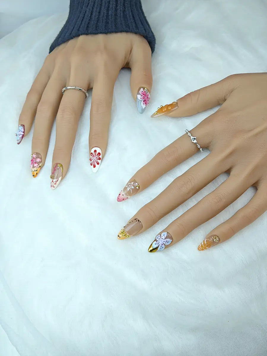 Multicolor 3D Floral Press-On Nails – Hand-Painted Rhinestone Almond Tips