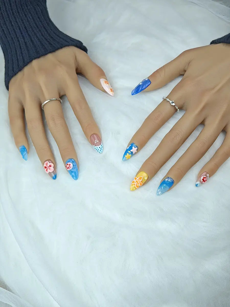 Blue & Yellow Ocean Style Press-On Nails – 3D Floral & Pearl Design