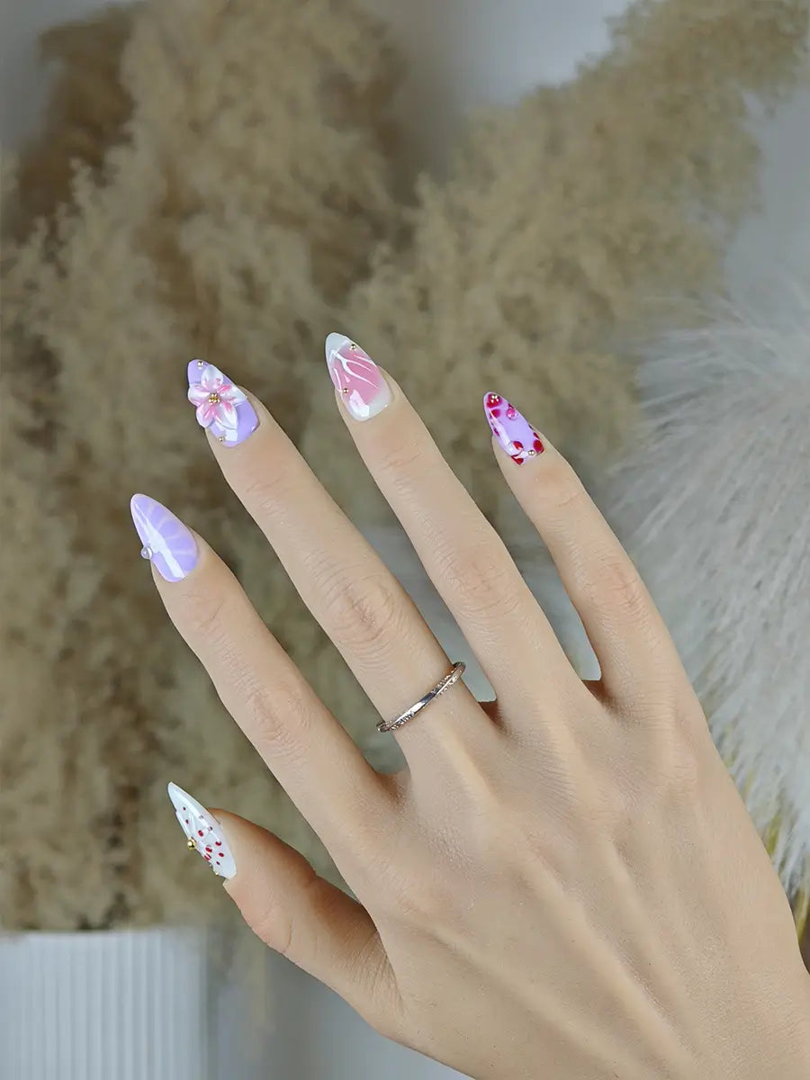 Purple Pink Almond Press-On Nails – 3D Floral & Gold Accents