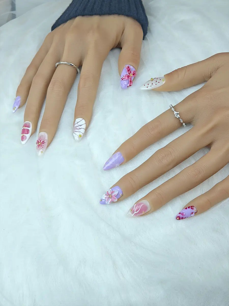 Purple Pink Almond Press-On Nails – 3D Floral & Gold Accents