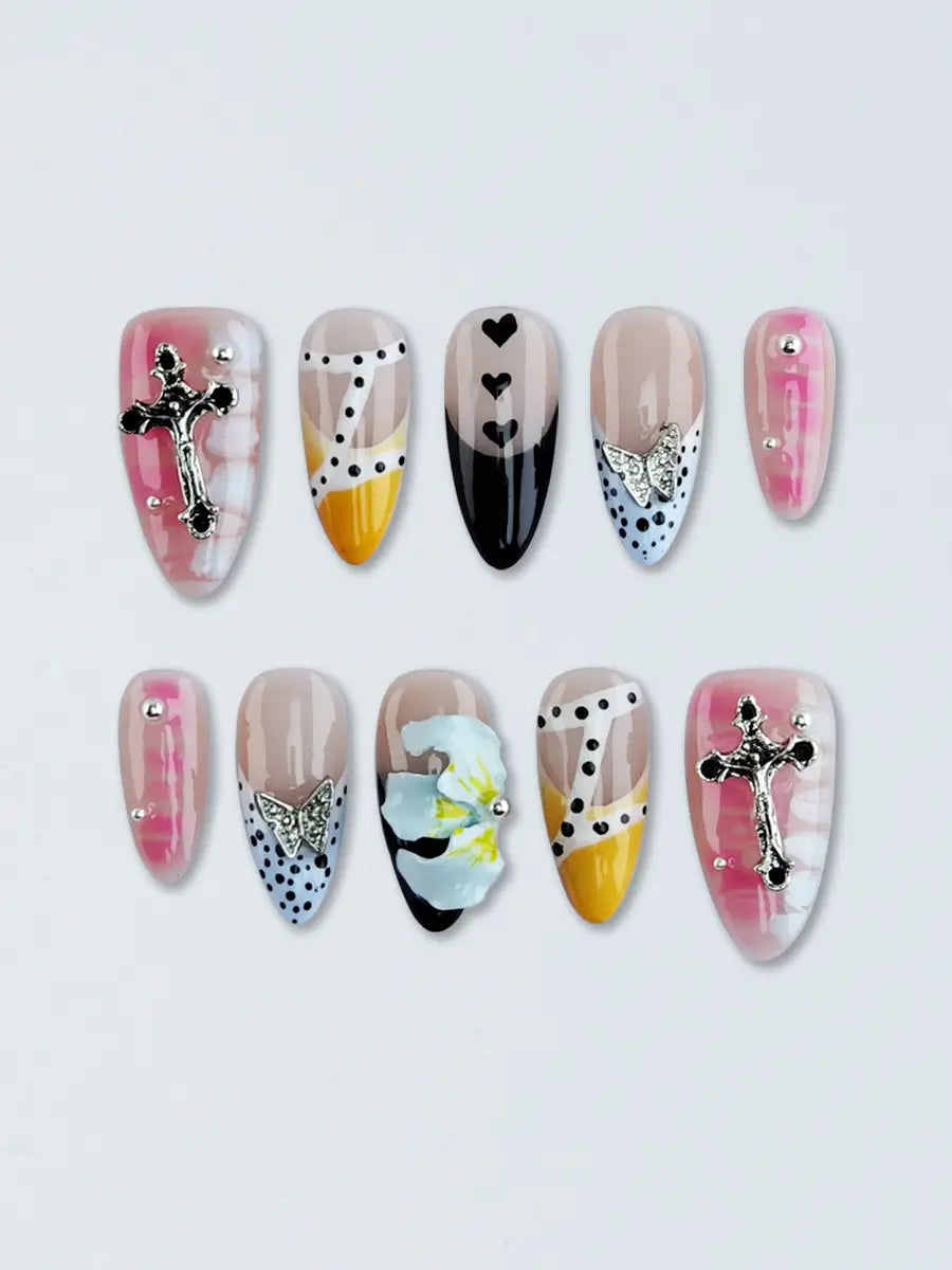 Multicolor Press-On Nails – Metallic Cross & 3D Heart Almond Nails