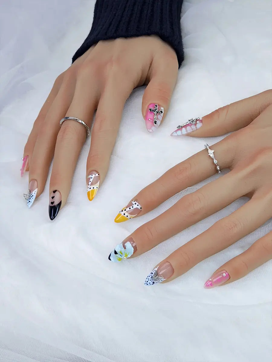 Multicolor Press-On Nails – Metallic Cross & 3D Heart Almond Nails