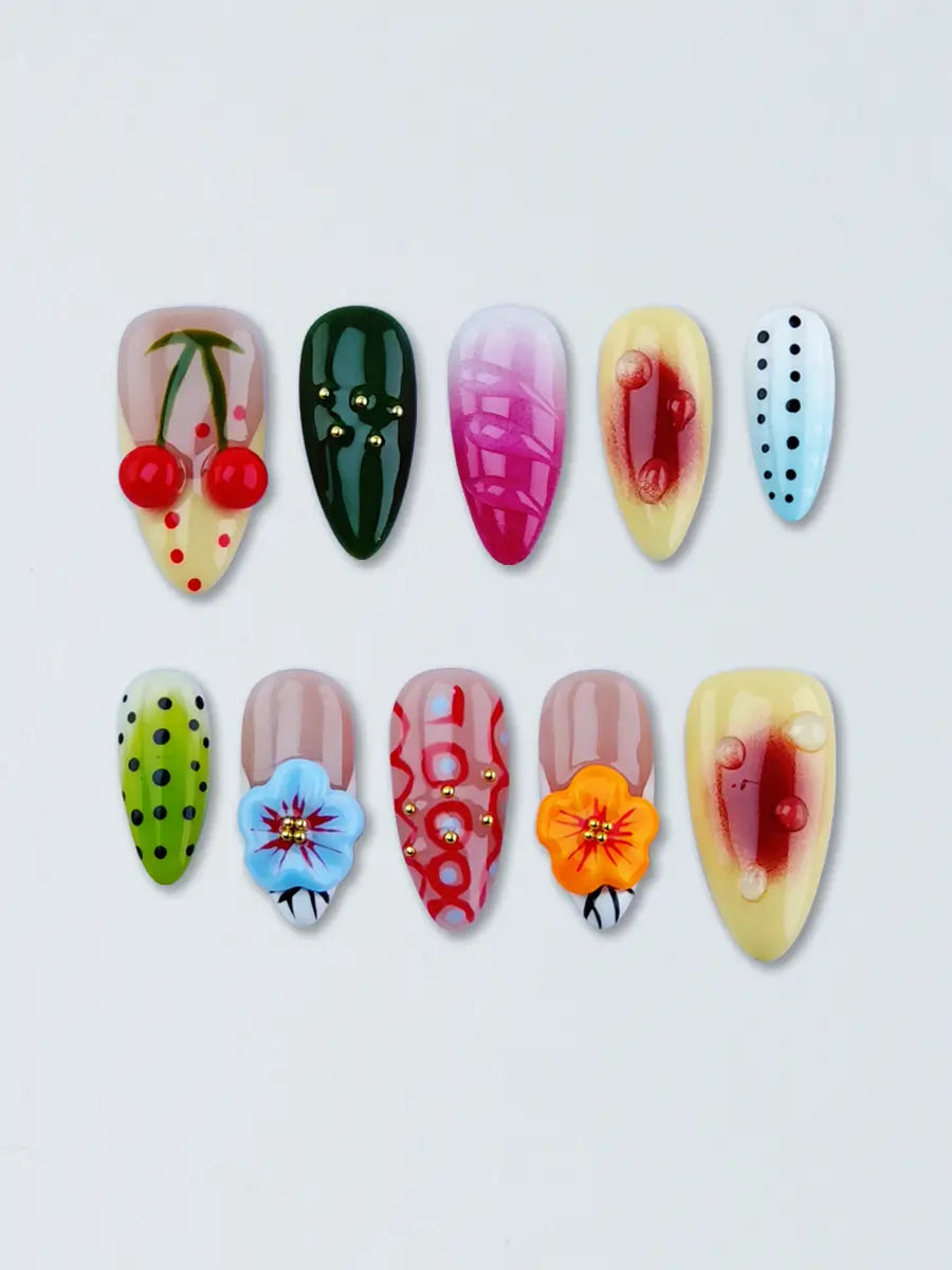 Colorful 3D Art Press-On Nails – Almond Shape with Cherry & Flower Designs