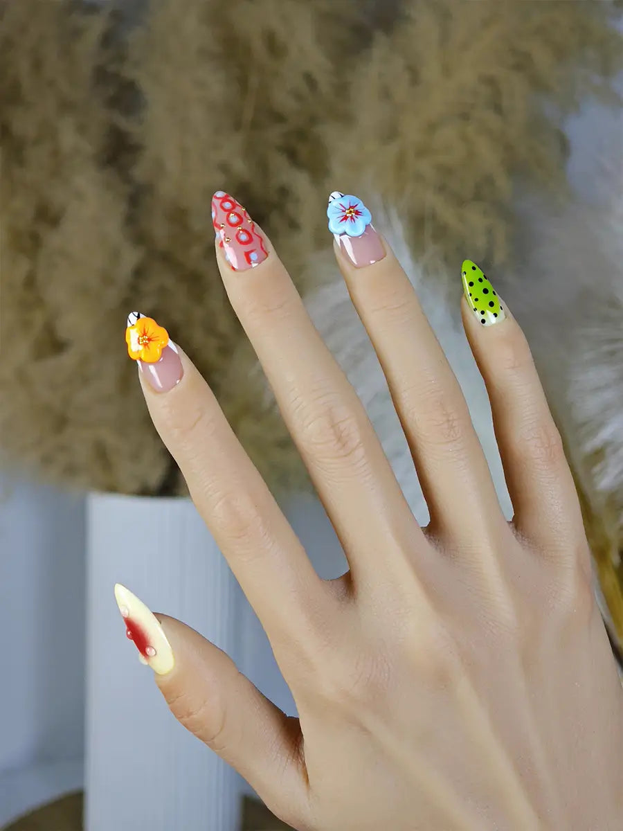 Colorful 3D Art Press-On Nails – Almond Shape with Cherry & Flower Designs