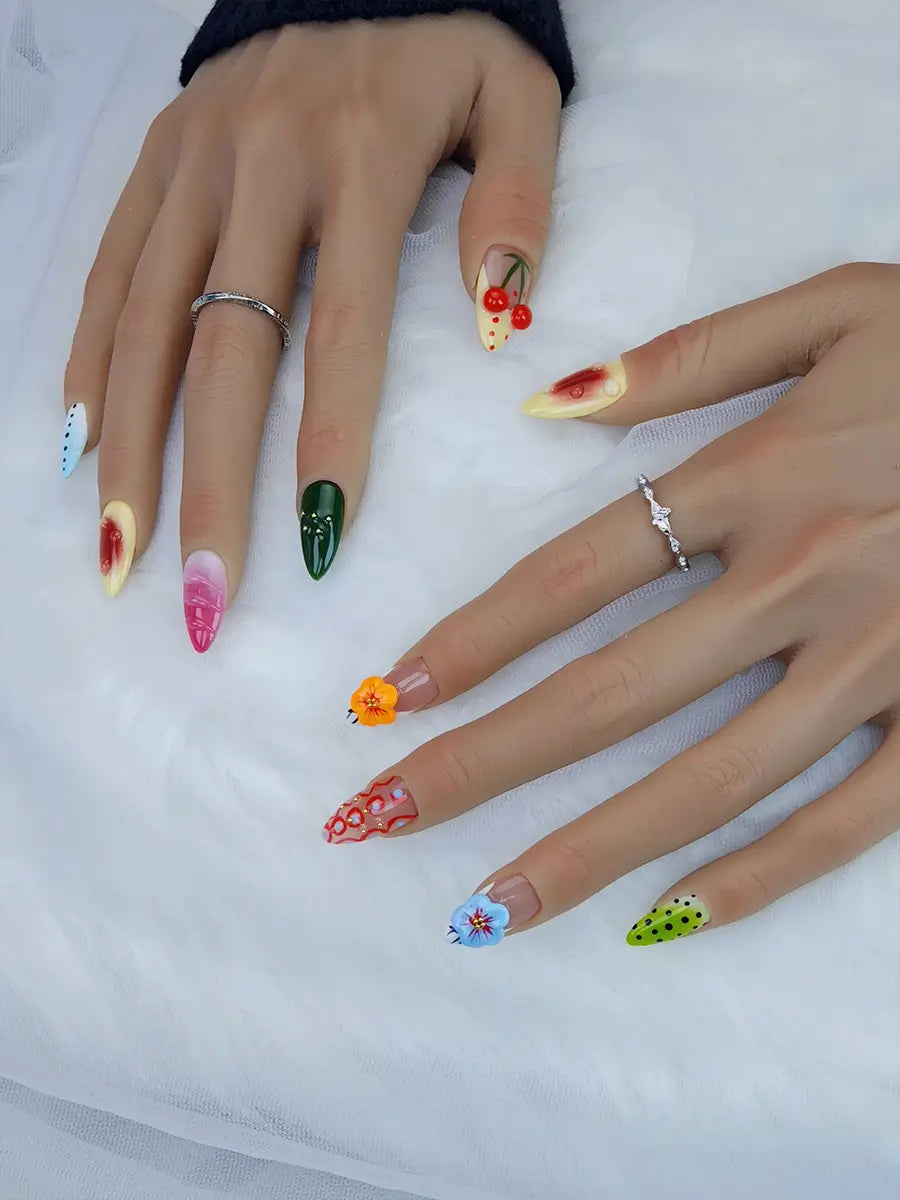 Colorful 3D Art Press-On Nails – Almond Shape with Cherry & Flower Designs