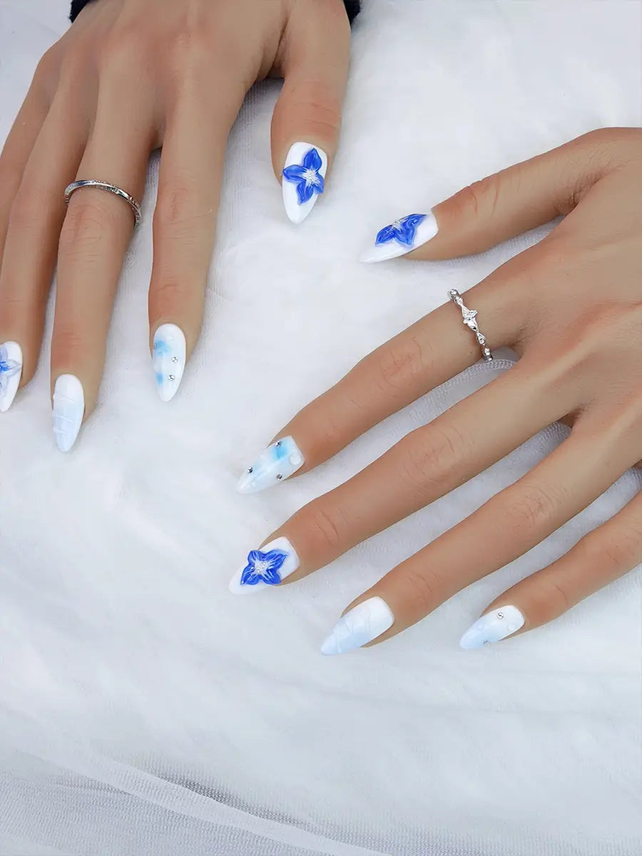 Blue & White Gradient Press-On Nails – 3D Floral Rhinestone Almond Nails