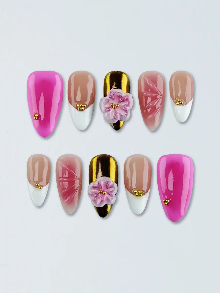 Pink & Brown 3D Floral Almond Press-On Nails – Gold Accents