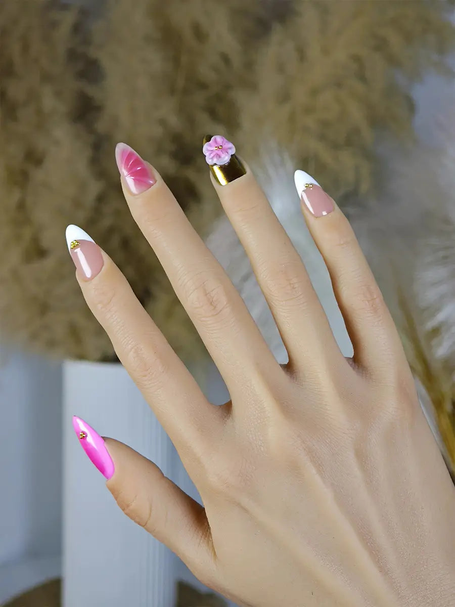 Pink & Brown 3D Floral Almond Press-On Nails – Gold Accents