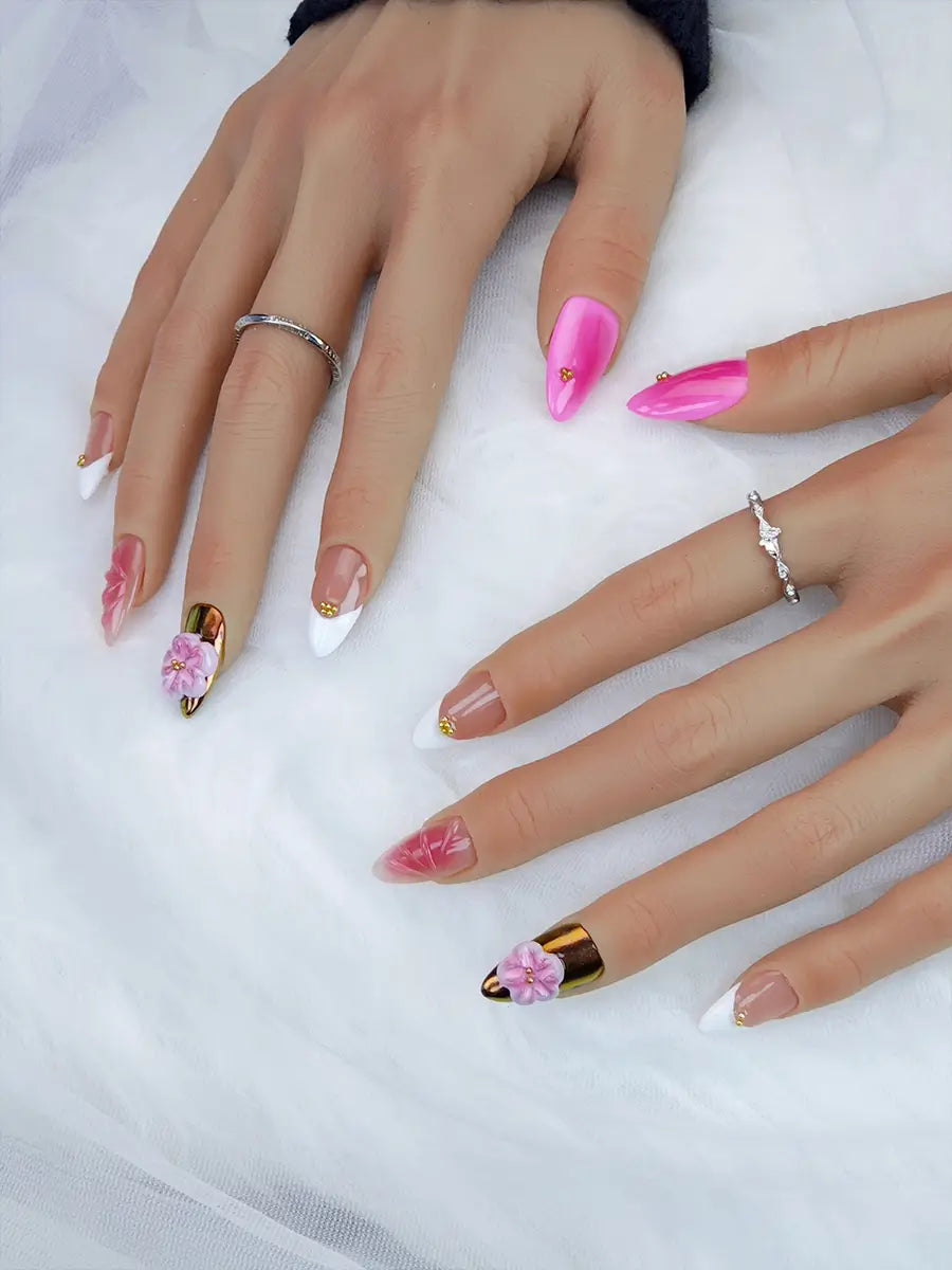 Pink & Brown 3D Floral Almond Press-On Nails – Gold Accents