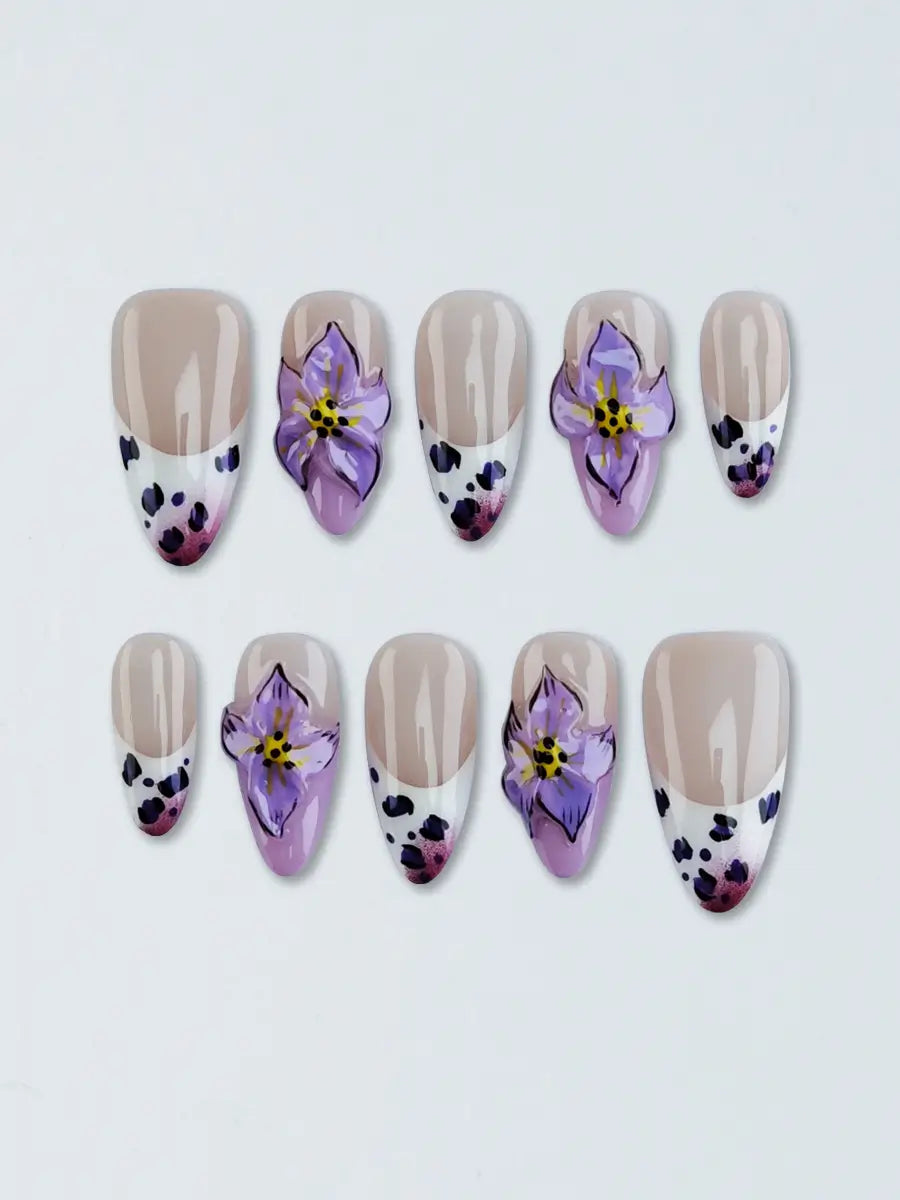 Nude & Purple Leopard 3D Floral Almond Press-On Nails – Iridescent Luxury