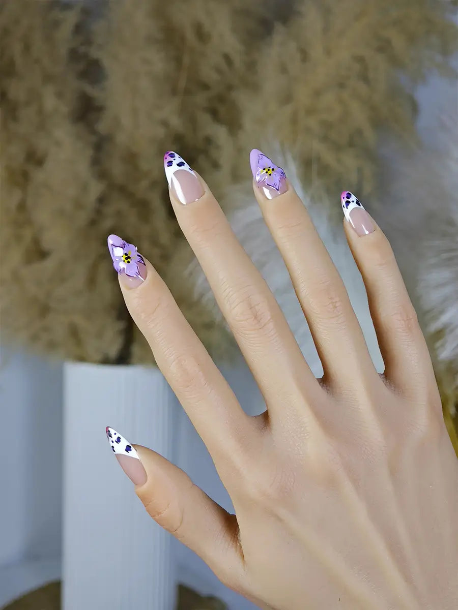 Nude & Purple Leopard 3D Floral Almond Press-On Nails – Iridescent Luxury