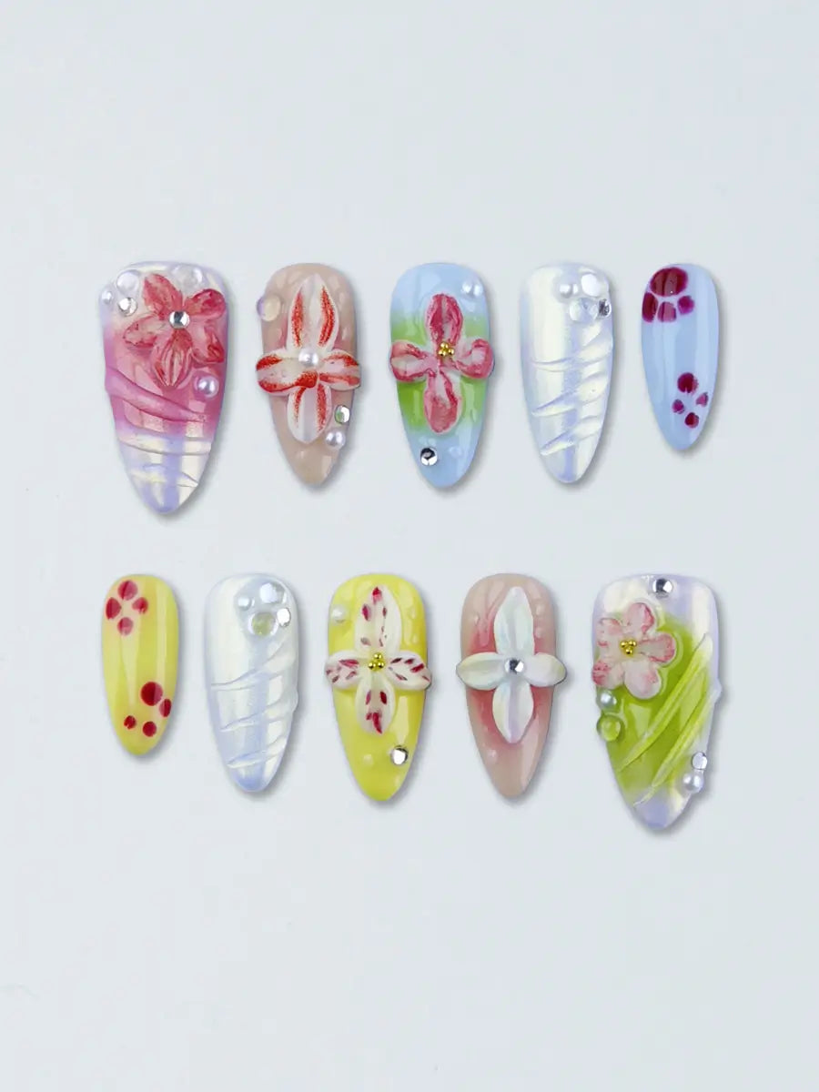 Macaron Color 3D Flower Almond Press-On Nails – Iridescent & Luxurious