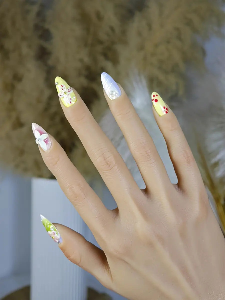 Macaron Color 3D Flower Almond Press-On Nails – Iridescent & Luxurious