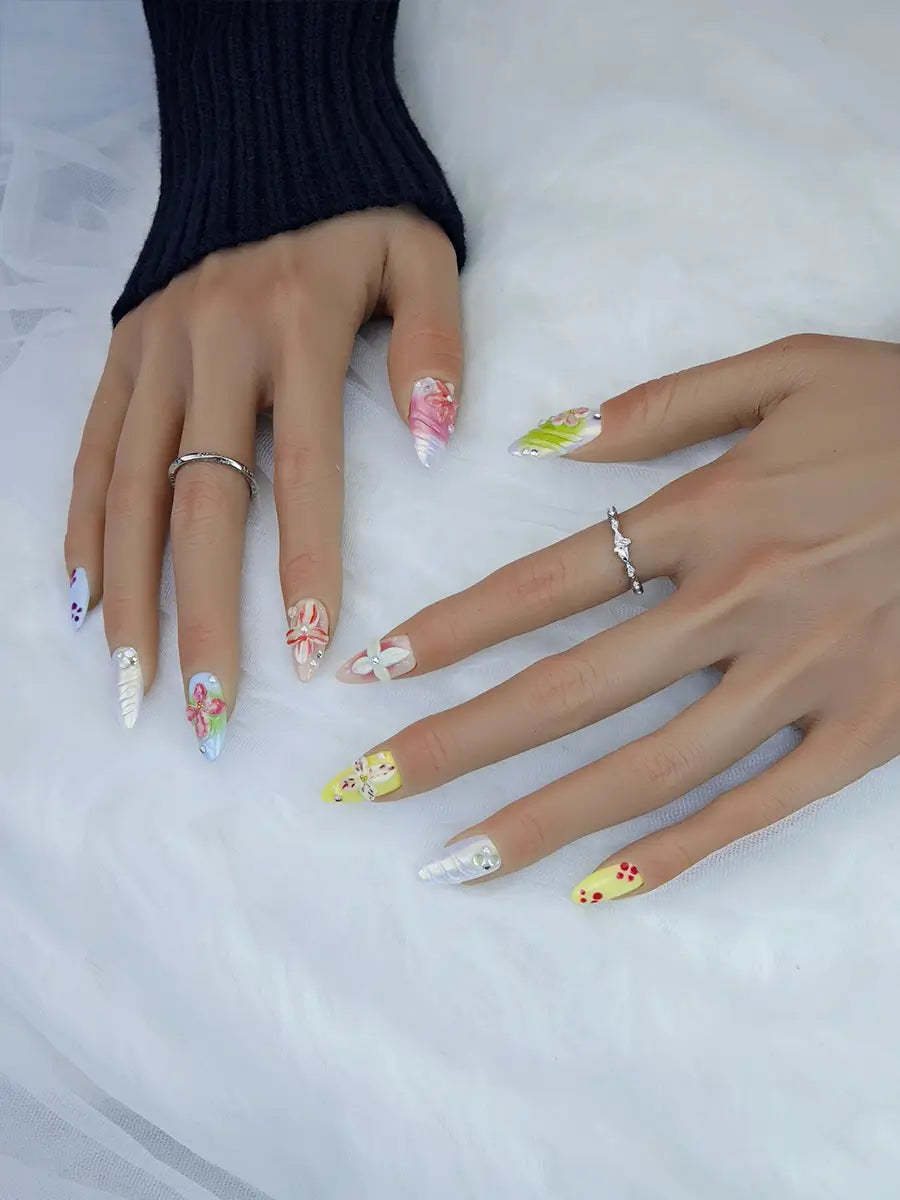 Macaron Color 3D Flower Almond Press-On Nails – Iridescent & Luxurious