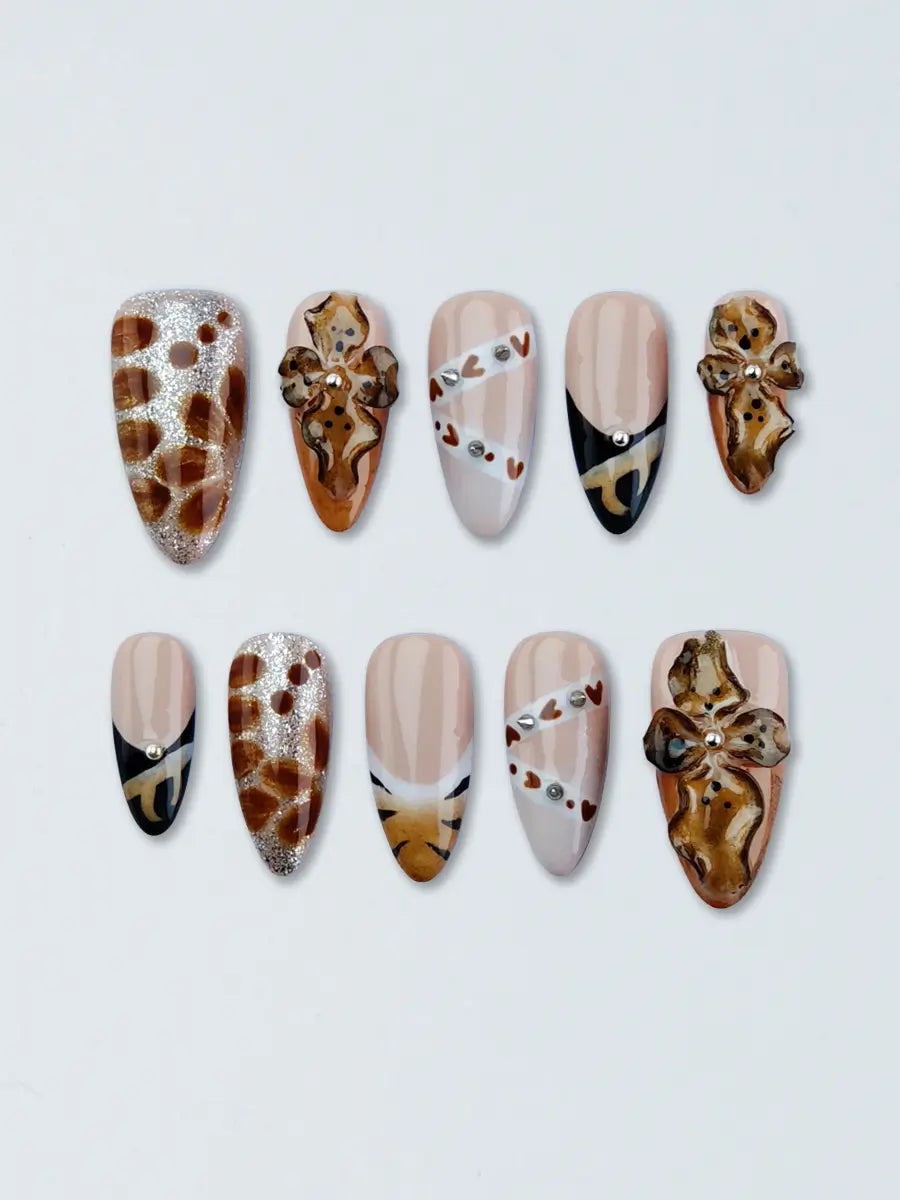 Nude Brown Leopard Print 3D Flower Press-On Nails – Mixed Design Almond Shape