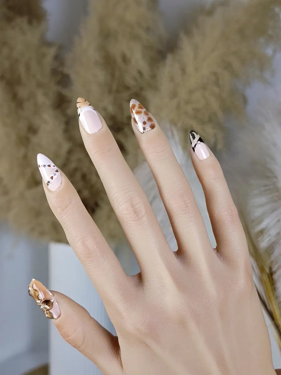 Nude Brown Leopard Print 3D Flower Press-On Nails – Mixed Design Almond Shape