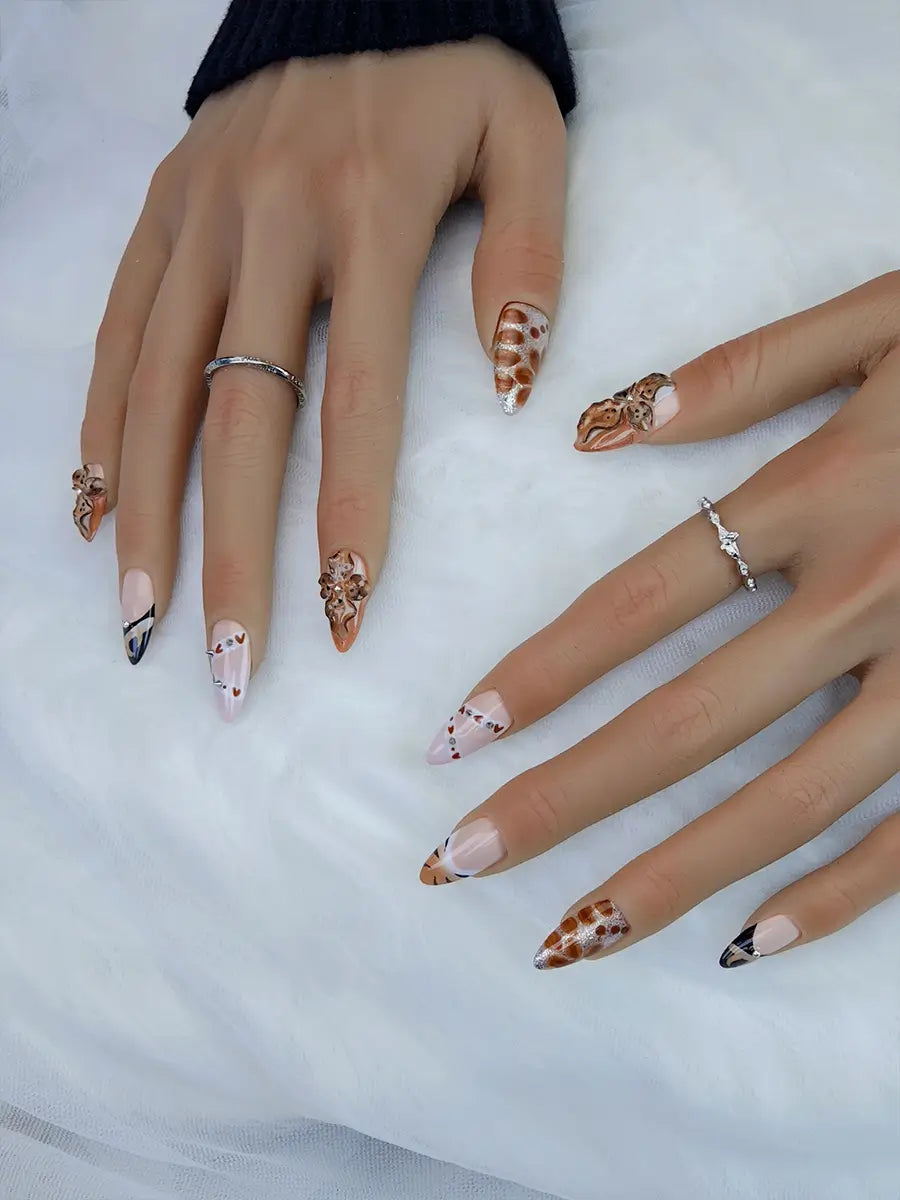 Nude Brown Leopard Print 3D Flower Press-On Nails – Mixed Design Almond Shape