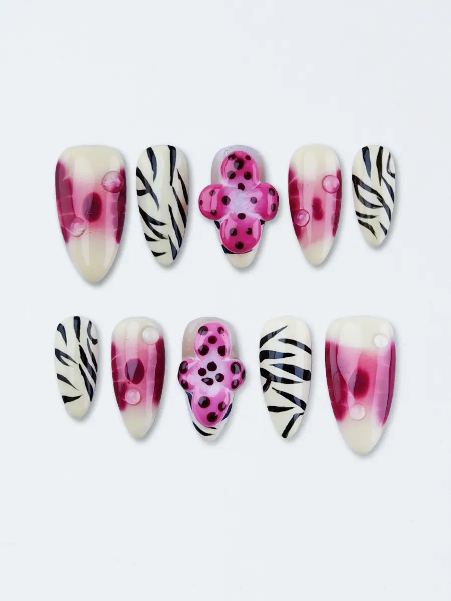 Pink & White Zebra 3D Flower Almond Press-On Nails – Artistic & Luxe