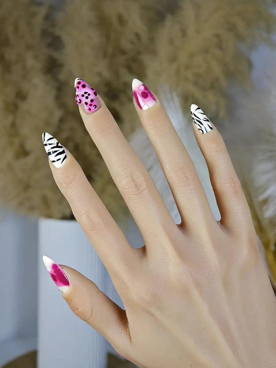 Pink & White Zebra 3D Flower Almond Press-On Nails – Artistic & Luxe