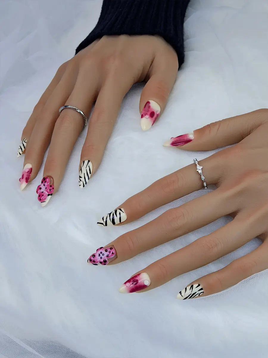 Pink & White Zebra 3D Flower Almond Press-On Nails – Artistic & Luxe
