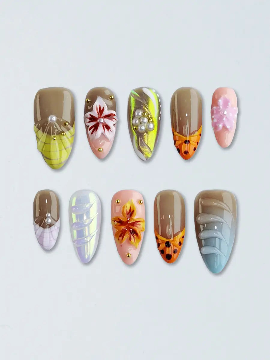 Nude Brown Gradient Press-On Nails – 3D Floral Pearl Almond Nails