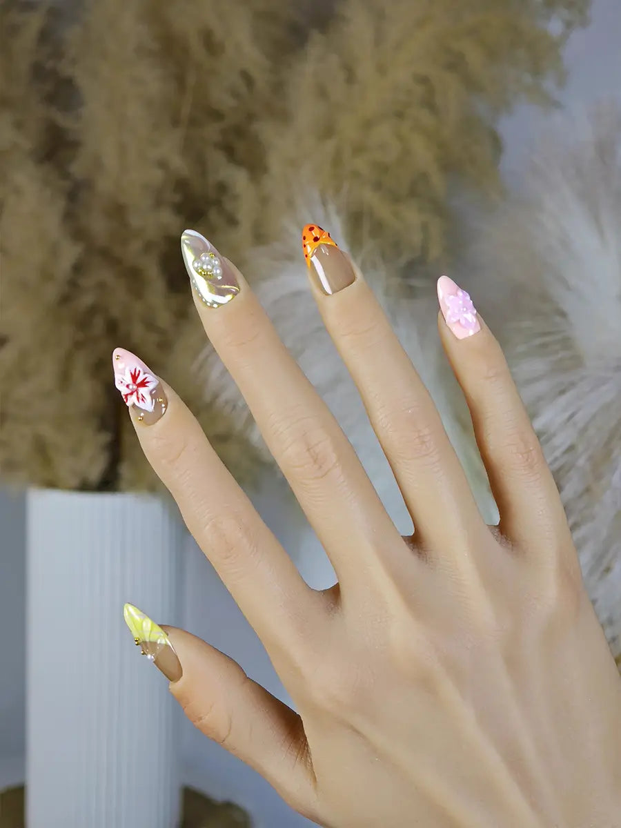 Nude Brown Gradient Press-On Nails – 3D Floral Pearl Almond Nails