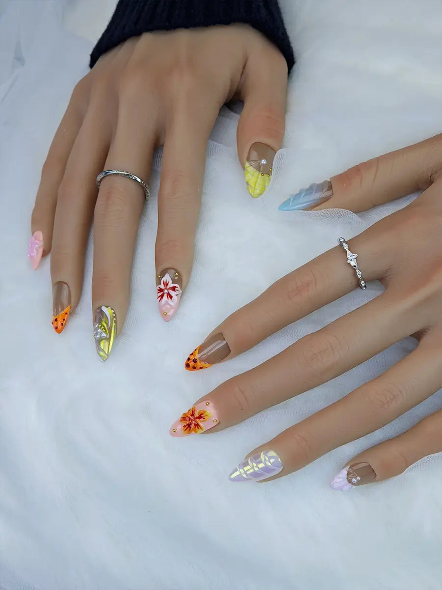 Nude Brown Gradient Press-On Nails – 3D Floral Pearl Almond Nails