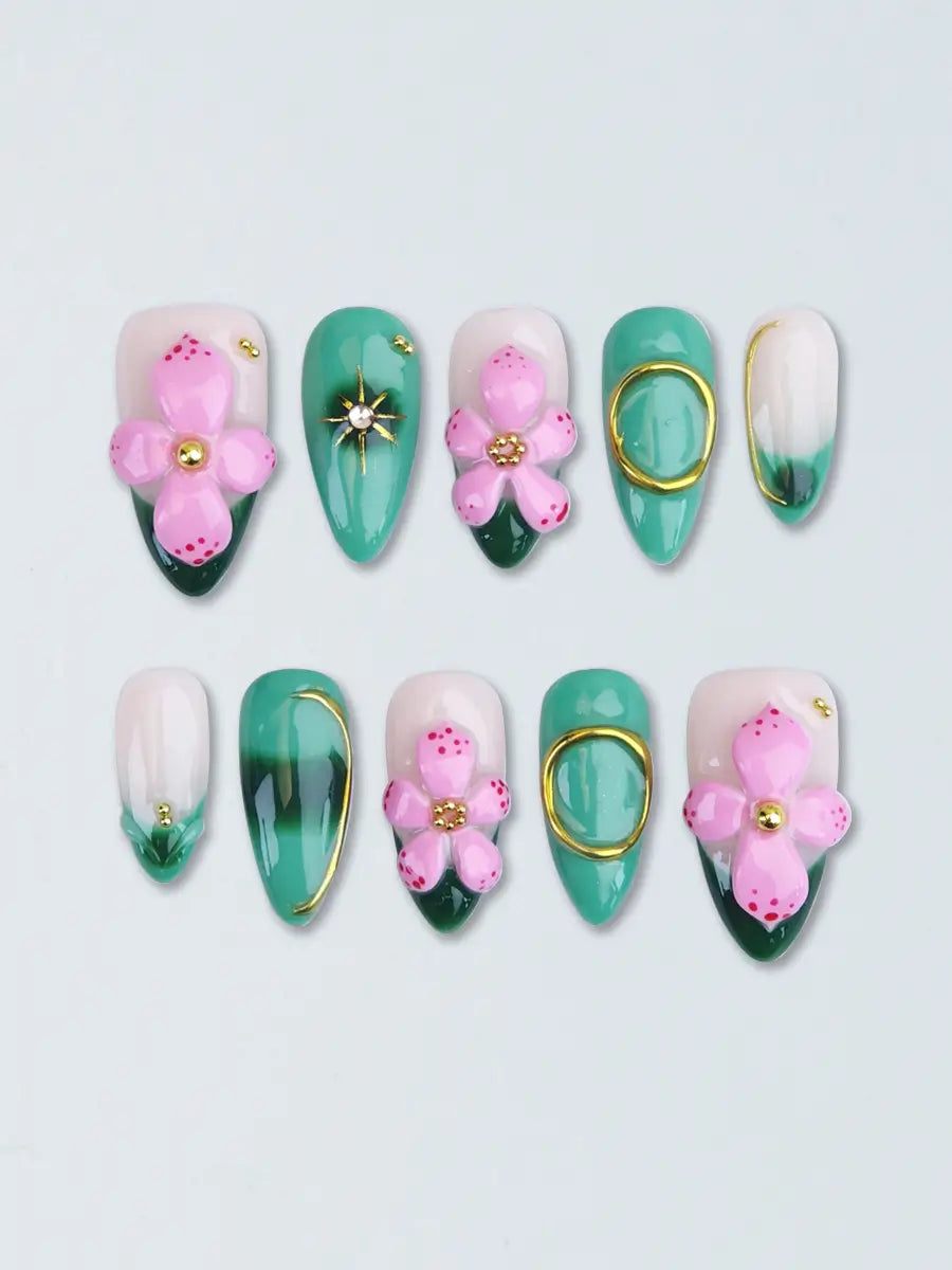 Green & Pink Floral Metallic Accent Long Pointed Press-On Nails – Luxe & Romantic