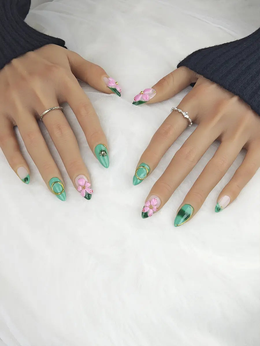Green & Pink Floral Metallic Accent Long Pointed Press-On Nails – Luxe & Romantic
