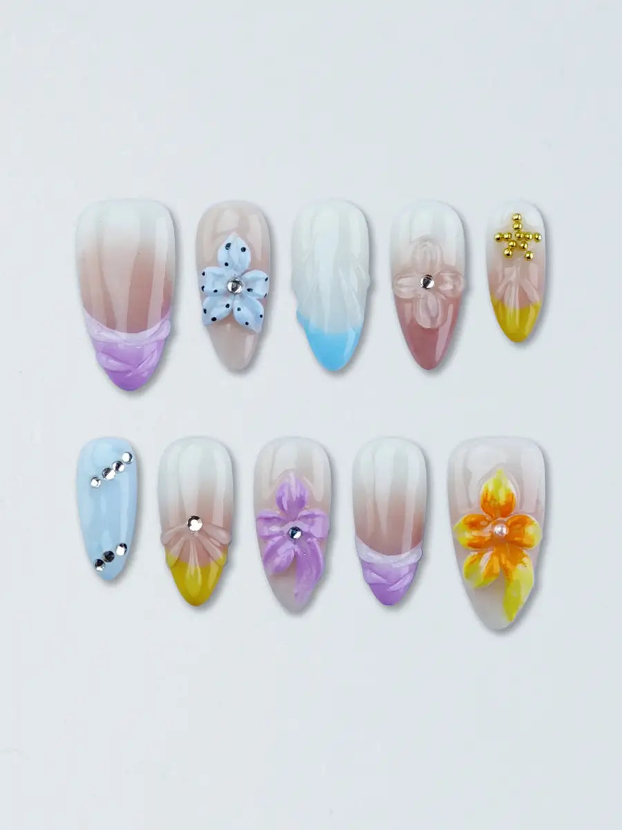 Macaron Color 3D Floral Press-On Nails – Mixed Almond Shape