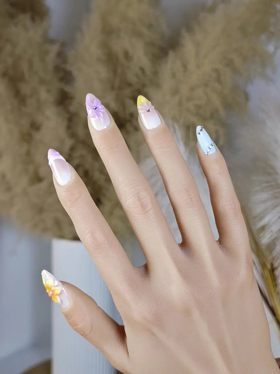 Macaron Color 3D Floral Press-On Nails – Mixed Almond Shape