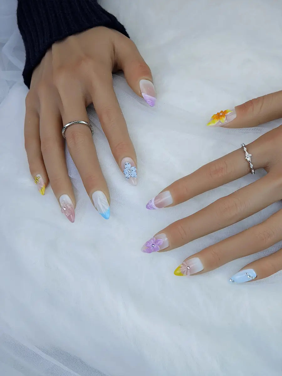 Macaron Color 3D Floral Press-On Nails – Mixed Almond Shape