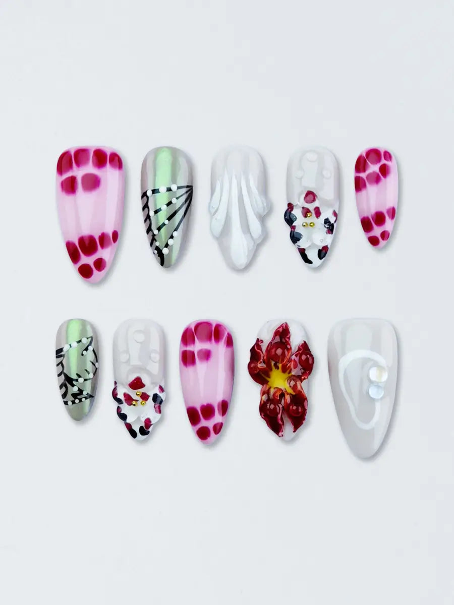 Pink & White 3D Flower Press-On Nails – Artistic Almond Shape