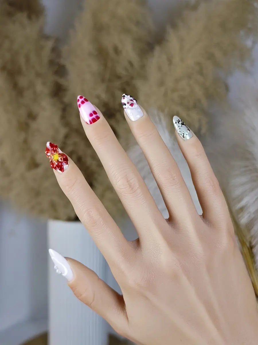 Pink & White 3D Flower Press-On Nails – Artistic Almond Shape