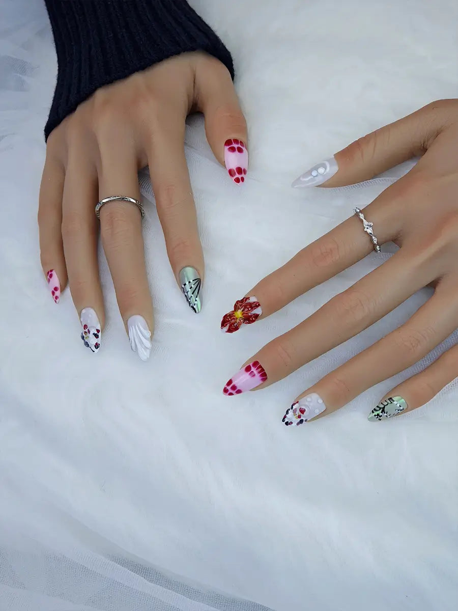 Pink & White 3D Flower Press-On Nails – Artistic Almond Shape