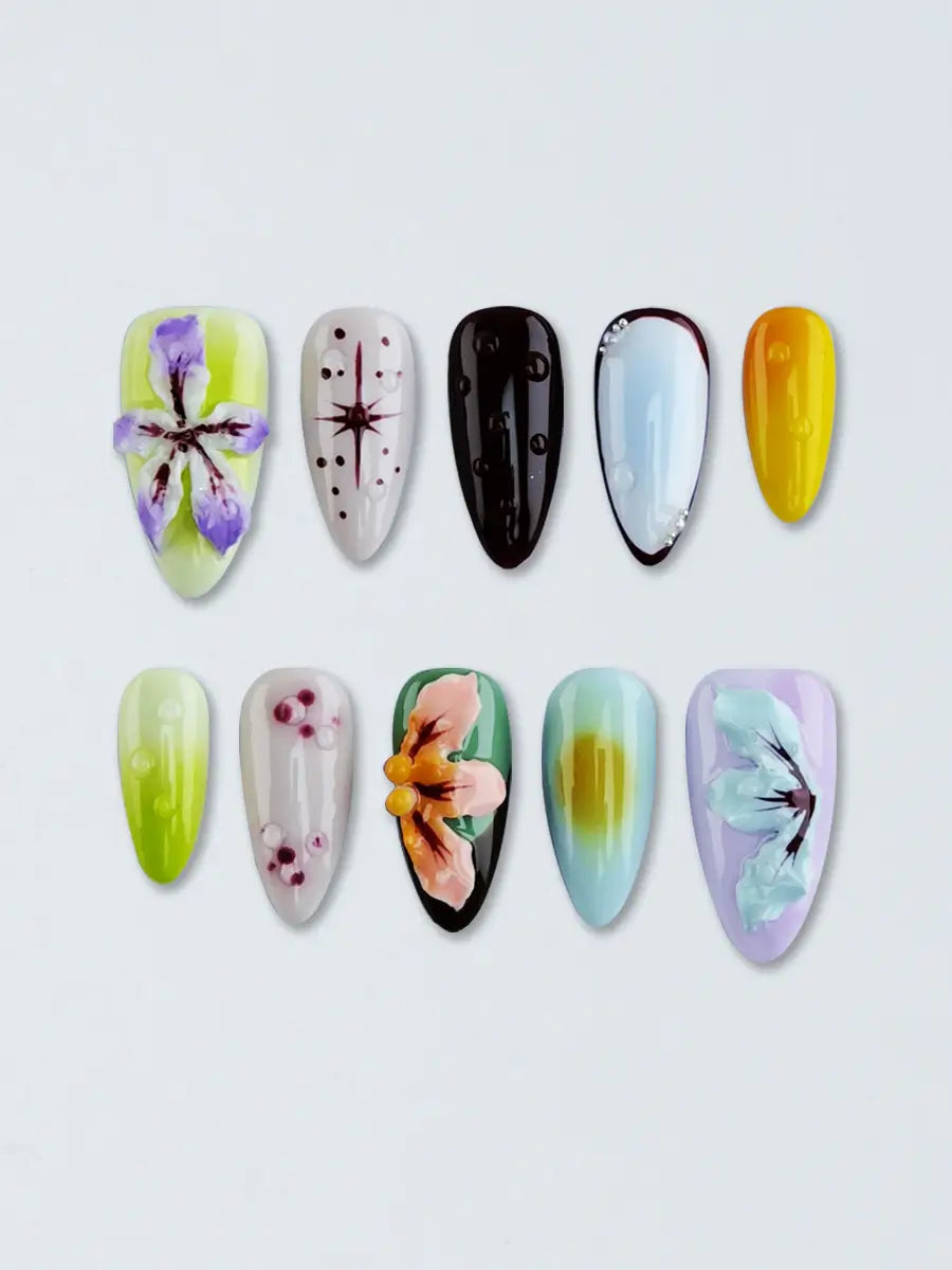 Multicolor 3D Flower Press-On Nails – Artistic Almond Nails