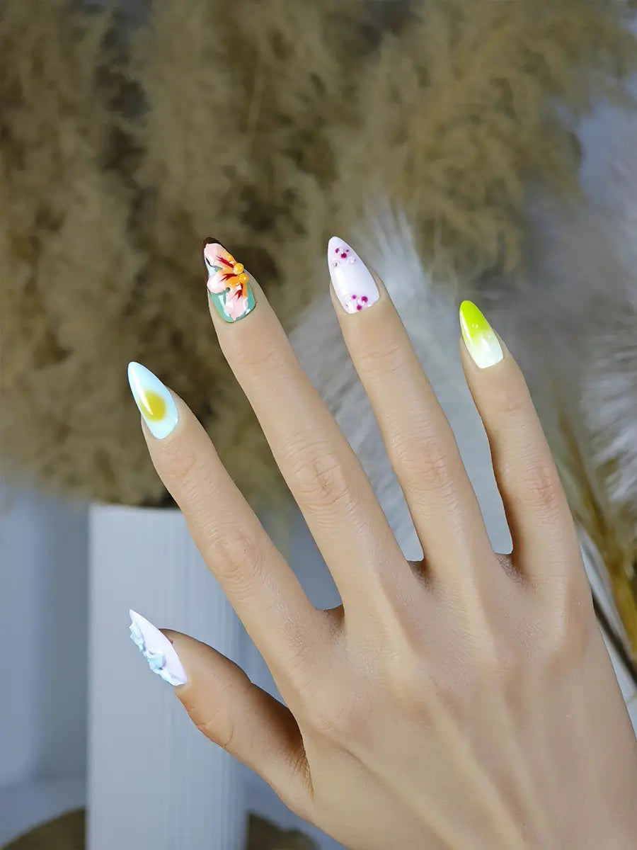 Multicolor 3D Flower Press-On Nails – Artistic Almond Nails