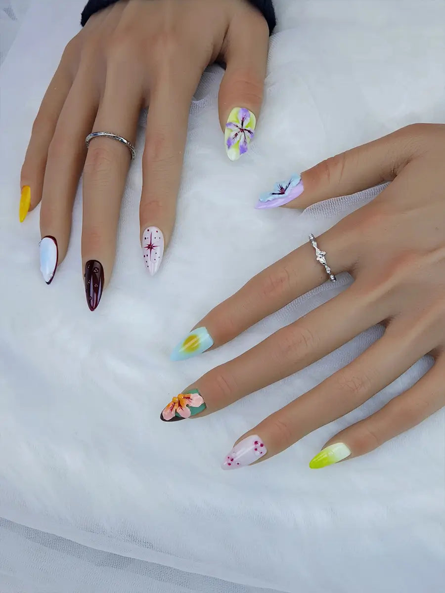 Multicolor 3D Flower Press-On Nails – Artistic Almond Nails